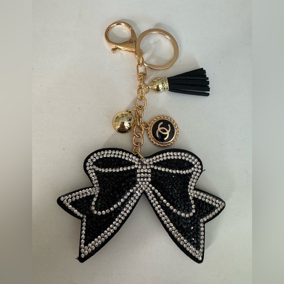 Accessories - Upcycled Elegant Blingy Black and Gold Bow Keychain with Charm